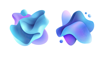 Two abstract fluid shapes with gradient hues of blue and purple against a black background