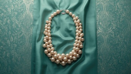 Classic jewelry piece with pastel pink pearls displayed on teal green Art Deco textile background, highlighting 1920s fashion
