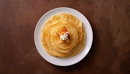 Traditional Russian pancakes arranged on a circular plate against a dark surface, ideal for menu background or food styling