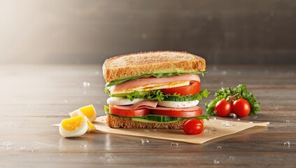 Sandwich featuring cheese, cucumber, tomato, ham, and eggs served as a layered lunch option, food diversity