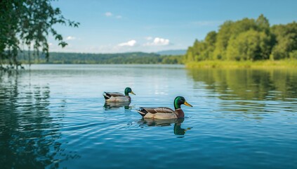 Group of ducks gliding across a calm lake surface, freshwater habitat