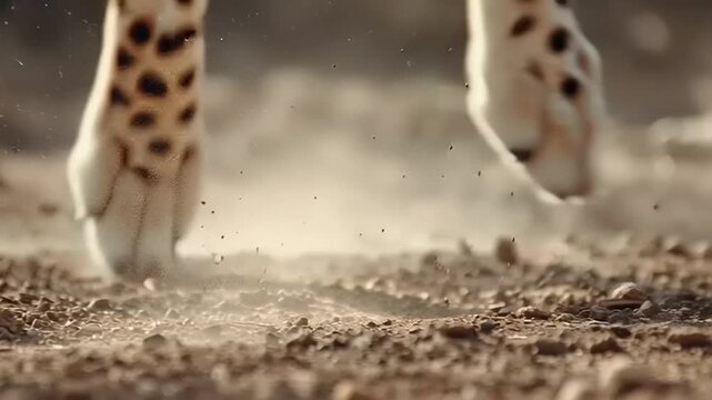 Close-up of a leopard's spotted legs touching the dusty ground with a loud sound