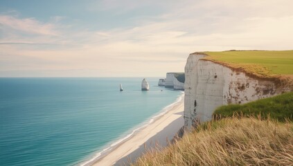 White chalk cliffs and blue sea at Etretat, natural erosion process in coastal areas