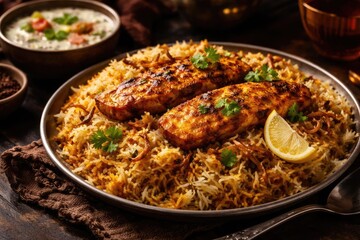 Fototapeta premium Plate of fish biryani alongside a cool yogurt dip in close up view