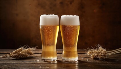 Light beer glasses with barley spikelets in the background, illustrating the malting process in brewing