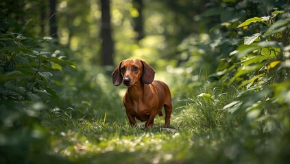 Dachshund in tiger coloration exploring vibrant summer forest environment, highlighting canine wildlife interaction