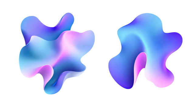 Two amorphous, abstract forms rendered in gradient blues, pinks, and purples against black - Powered by Adobe