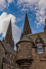 Edinburgh, Scotland: details of The Cathedral Church of Saint Mary the Virgin (St Mary's Episcopal Cathedral), cathedral of the Scottish Episcopal Church in the West End, and view of the houses nearby