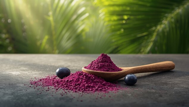 Acai berry powder in spoon, highlighting antioxidant content for wellness focus