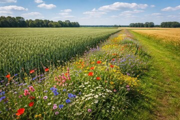 Lush wildflower growth bordering agriculture zones emphasizing biodiversity promotion and nature inclusive cultivation with copy space