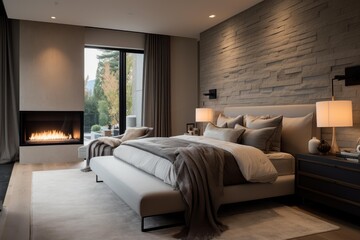 Fototapeta premium Cozy, minimalist bedroom featuring a gas fireplace, large window, and textured stone wall