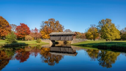 Fototapeta premium Brownsville Covered Bridge, originally from Union County, now part of Mill Race Park's landscape as a preserved historic crossing