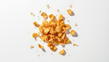 Broken potato chips on a plain white surface, illustrating snack manufacturing and quality assurance, World Food Safety Day