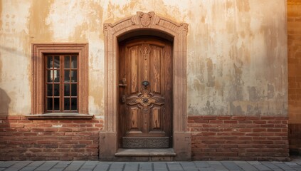 Obraz premium Vintage wall with a secured wooden door and window, highlighting architectural character