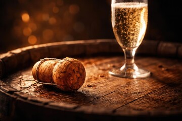 Bubbly champagne cork with shimmering glass on textured wood barrel surface ideal for customizable text area