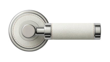 Close-up of a modern door handle with white leather and silver metal details