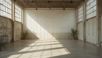 Sunlit aged white warehouse with medium format film quality, suitable as a text or artwork background, urban preservation