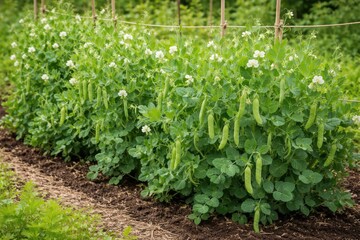Naklejka premium Full view of green pea plants growing healthily in garden environment