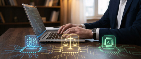 Lawyer working on laptop with artificial intelligence justice icons representing ethical AI governance, legal technology, digital law systems, compliance and fairness.