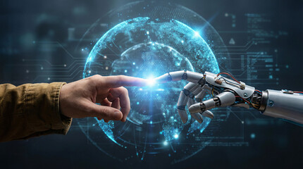 Human hand touching robotic finger with glowing digital globe, symbolizing artificial intelligence collaboration, future technology connection and global innovation concept.