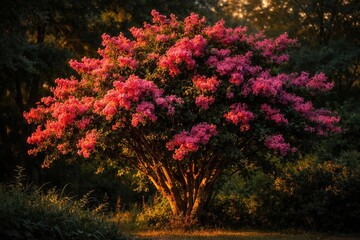 Evening light highlights crape myrtle tree in abundant bloom with rich greenery