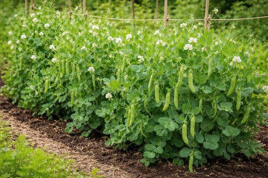 Full view of green pea plants growing healthily in garden environment