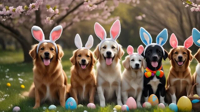 Dogs in Easter Bunny Ears Celebrate Springtime in a Playful Gathering