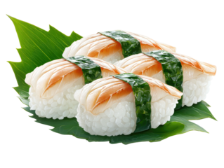 Close-up of sushi arrangement, composed of rice, fish topping, and seaweed wrap with a leaf
