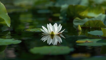 Serene white lotus blossom in still pond, highlighting purity and water environment