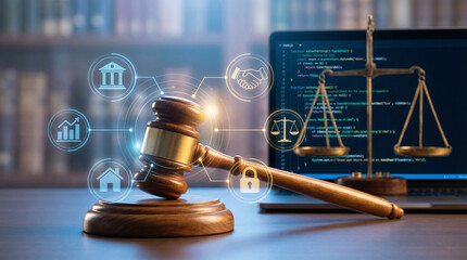 Digital law and justice technology concept with judge gavel and scales on desk, legal interface icons showing finance security property growth and modern judicial system.