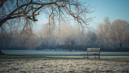 Fototapeta na wymiar Frost blankets benches and trees in a quiet park during winter morning sunlight, highlighting seasonal transition