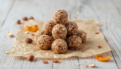 Baked truffles with dried fruits and hemp flour, natural ingredients, World Food Day
