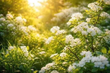 Obraz premium Radiant white blossoms amid vibrant green plants and warm sunny glow