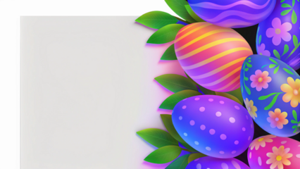 Digital illustration of decorated Easter eggs and leaves in vibrant purple, pink, and yellow for spring holiday greeting card border [with copy space]