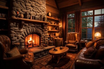 Fototapeta premium Cozy living room interior providing warmth and comfort with a stone fireplace at night