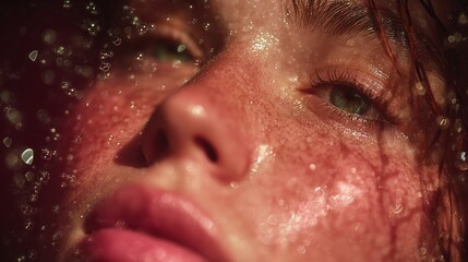 A close-up portrait of a woman's face with water droplets on her skin