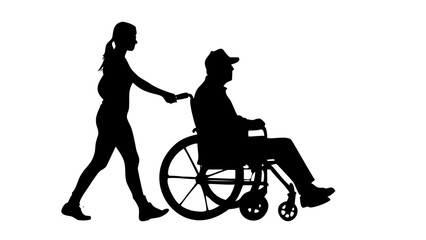 Obraz premium Woman Pushing Elderly Man in Wheelchair Silhouette Vector Illustration