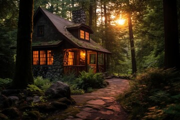 Rustic cottage nestled among green trees with warm window light and a stepping stone path