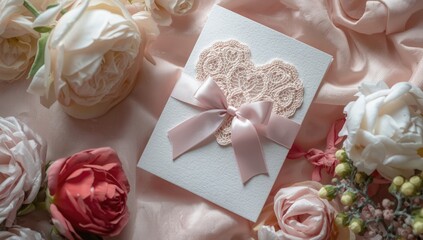 Valentines scrapbook card with bow and lace heart, suitable for personal gift decoration