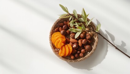 Dried fruits and nuts served on a wicker tray alongside a leafy branch, emphasizing natural snack ingredients