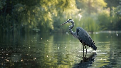 Naklejka premium Grey heron wading in water, illustrating bird behavior and aquatic environment focus