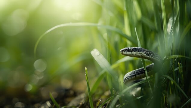 Natrix natrix on leafy ground, highlighting amphibian predator behavior, World Amphibian Day