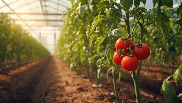 Cluster of ripe red tomatoes cultivated in a greenhouse setting, focusing on agricultural efficiency