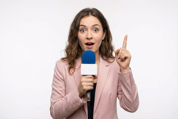 Young female reporter holding microphone and pointing upward in studio setting, representing journalism, breaking news, media reporting and communication industry.
