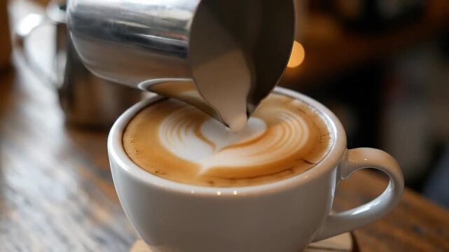 Artful Coffee Foam Creations Capture Latte Art Process in a Cozy Caf? Setting
