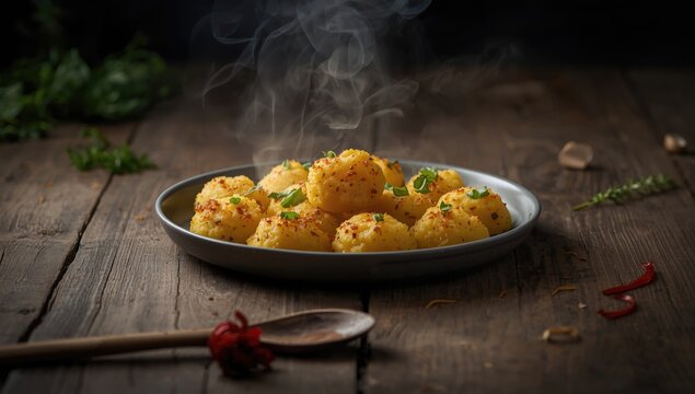 Dhokla on a wooden table highlighting fresh vegetables and natural preparation, Food Sustainability Day - Powered by Adobe