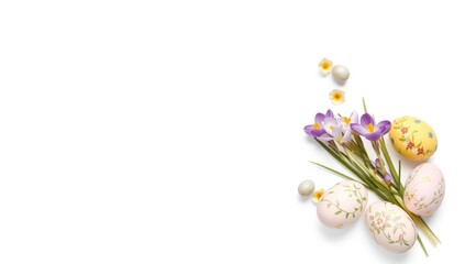 Spring flowers and decorated Easter eggs displayed against a white backdrop for seasonal decoration