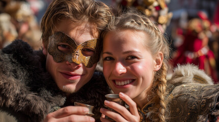 Vibrant Fasnachtsdienstag Shrove Tuesday Carnival Celebration in Liechtenstein with masked revelers smiling together