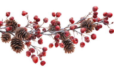 Close-up of frosted branch featuring red berries and pine cones on a black background