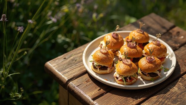 Small burger sandwiches with buns and fillings, suitable for menu layout or culinary display backgrounds